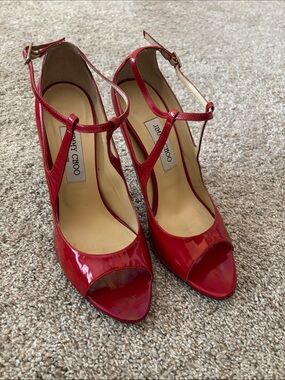 Jimmy Choo Red Patent Leather Open-Toe Heels 8.5